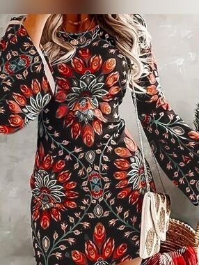 ME Makeover Essentials Black Tunic with Red and Blue Floral Medallion